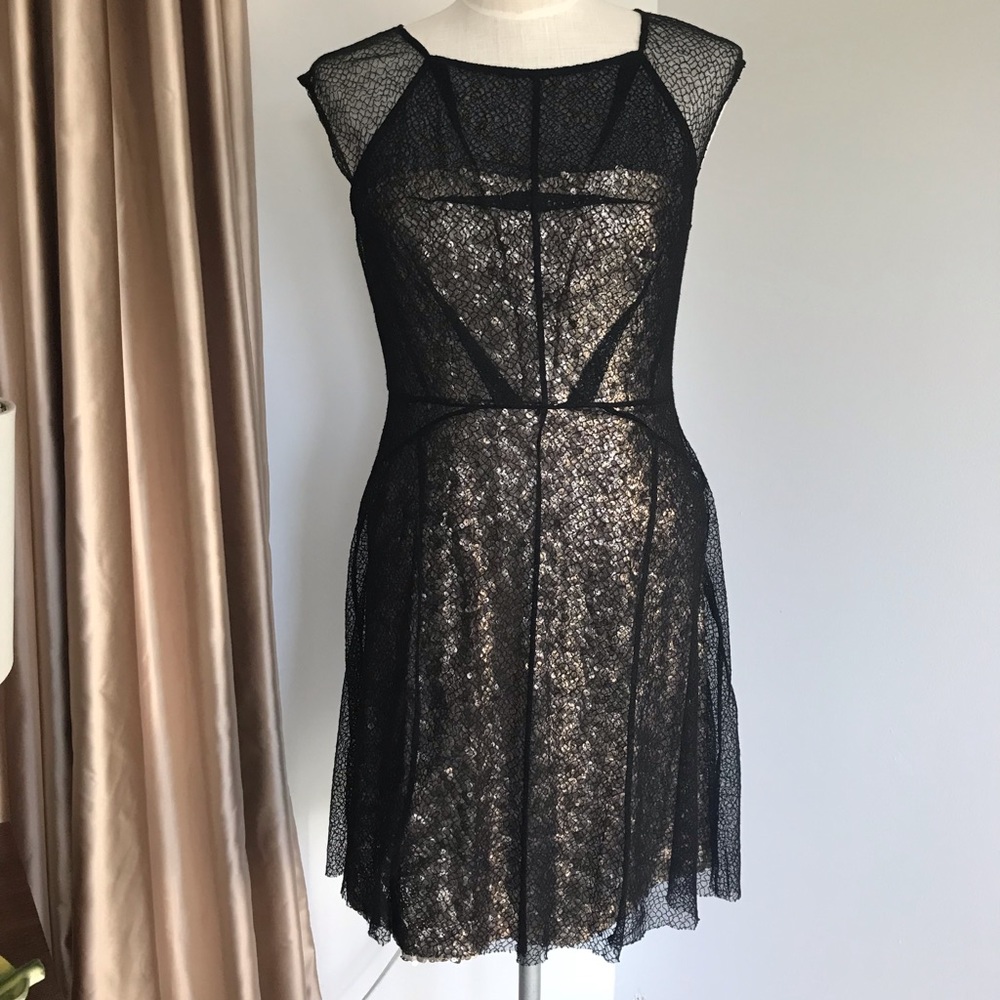 Betsey Johnson NWOT gold sequin dress with black lace overlay